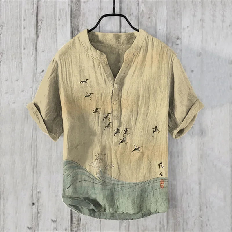 2024 Hawaiian Shirt Men's Stand Collar Short Sleeve Shirt Portrait 3D Printing Fashion Casual Bamboo Linen Top S-5XL - KHOY
