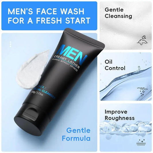 Men's Deep Cleansing Face Wash 100g, Oil Control, Pore Minimizer, Hydrating Facial Cleanser for Oily Skin, Refreshing Non-Drying - KHOY