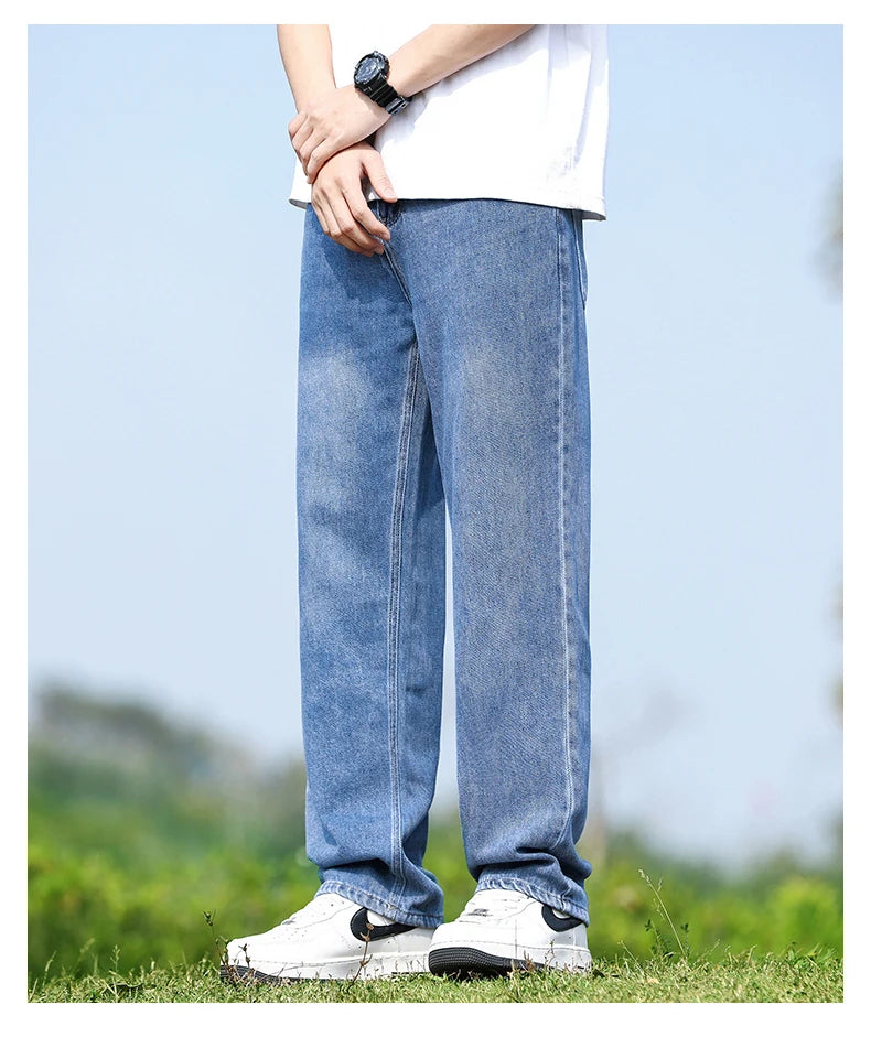Men's Straight-Leg Jeans, Minimalist for All Seasons, Loose with Drape, Narrow-Wide Leg, Retro Casual Long Pants, Sizes 28-38 - KHOY