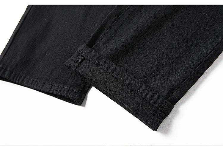 Men's pure black jeans Korean version trendy straight fit pants men's comfortable and elastic classic business jeans - KHOY