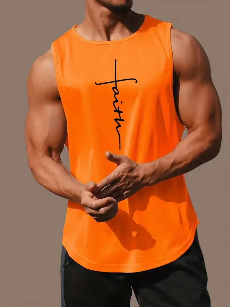 Summer Simple Letter Print Men's Round Neck Tank Top Gym Fitness Training Sports Vest Plus Size Man Sleeveless Shirt Casual Tees - KHOY