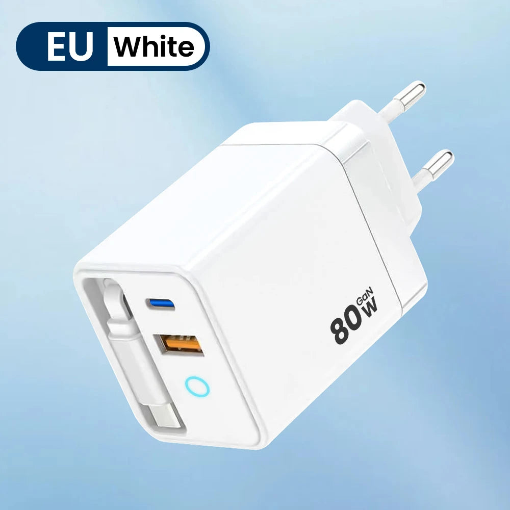 80W Super Fast Charge Type C USB Phone Charger With Telescopic USB C Cable For Iphone 16 15 Samsung Laptop With Light - KHOY