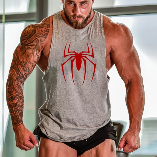 Red Spider Printed Running Tank Tops Gym Fitness Cotton Breathable Sleeveless T-Shirt Mens Bodybuilding Loose Training Clothing - KHOY