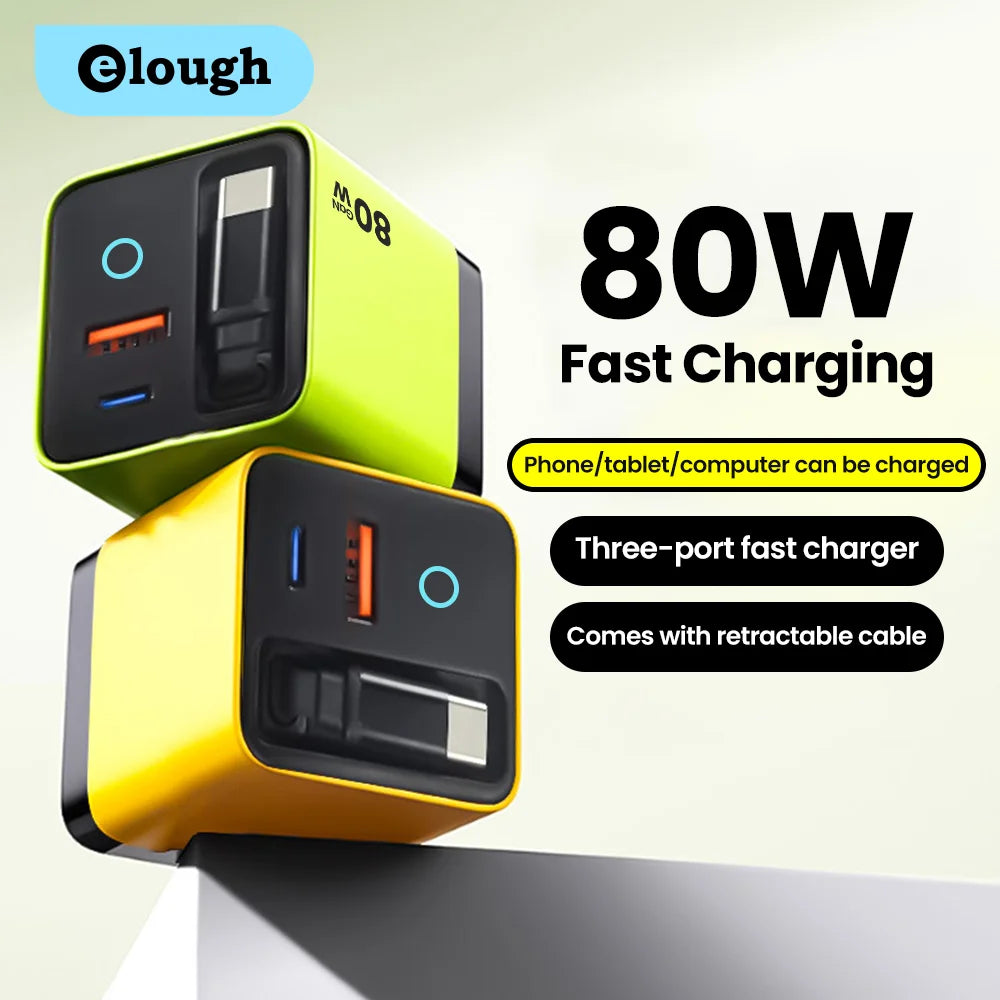 80W Super Fast Charge Type C USB Phone Charger With Telescopic USB C Cable For Iphone 16 15 Samsung Laptop With Light - KHOY