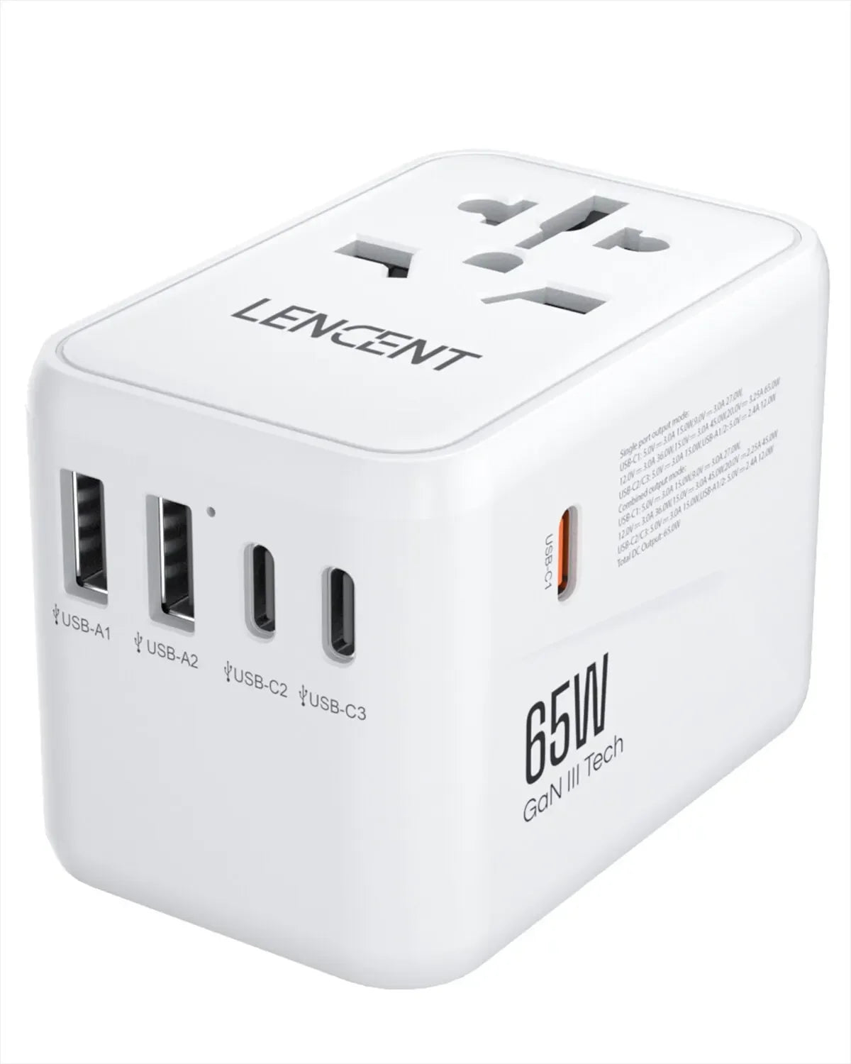 LENCENT 65W/100W GaN International Travel Adapter with 2USB 3 Type C GaN Fast Charging Adapter with EU AU US UK Plug for Travel - KHOY