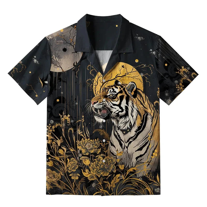 Hawaiian Shirt Man Holiday Casual Loose Beach Fashion Tiger Printed Shirt Hawaii Funny Oversized Breathable Buttons Clothes Tops - KHOY