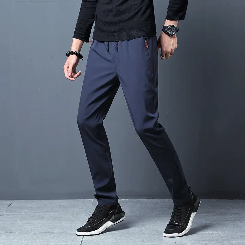 Men's Casual Pants Straight Slim Fit Elastic Waist Jogger Korean Classic Blue Black Gray Male Brand Trousers Plus Size - KHOY