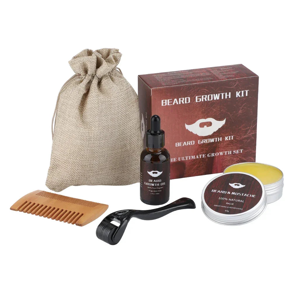 Beard Growth Kit For Men Barbe Hair Enhancerbeard Essential Oil Moisturizing Wax Growth Roller Comb Styling Scissors Beard Care - KHOY
