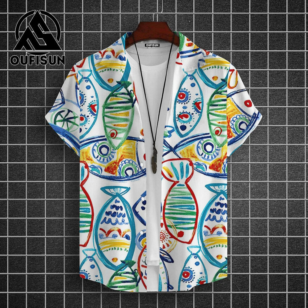 Hawaiian Shirt For Men Beach Casual Men's Short Sleeved Shirts New Cute Fish 3d Print Men's Shirt Oversized Men's Clothing 5xl - KHOY