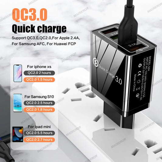 3A USB Charger 4 Ports USB Quick Charge 3.0 EU US Plug For iPhone Samsung Xiaomi Poco Fast Charging Mobile Phone Charger Adapter - KHOY