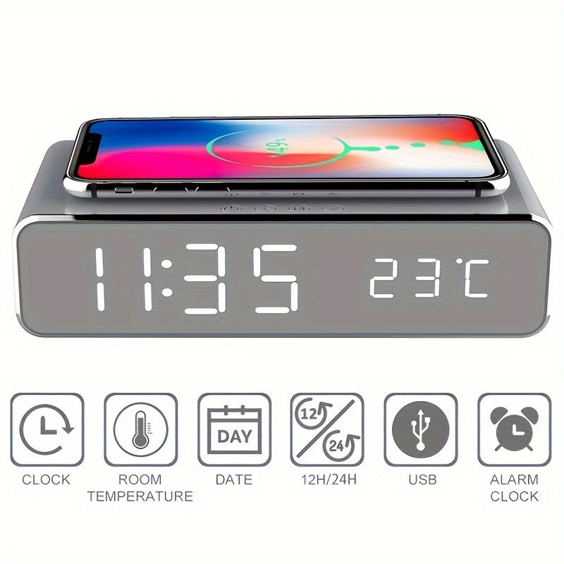 Wireless Charger Time Alarm Clock LED Digital Thermometer Earphone Phone Chargers Fast Charging Dock Station For IPhone 15, 14, 13, 12, Samsung - KHOY