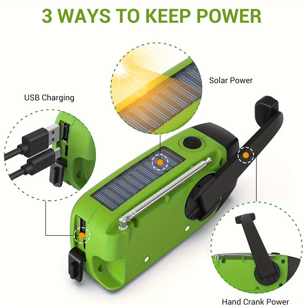 Emergency Hand Crank Radio With 2000mAh Power Bank Phone Charger, AM/FM/NOAA Portable Weather Radio With 3 LED Flashlight, Solar Powered USB Rechargeable Radio For Indoor Outdoor Camping - KHOY