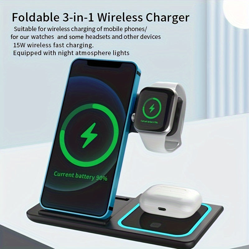 3 In 1 Fast Charging Station, Folding Wireless Charger Stand For IPhone 14, 13, 12, 11/Pro/Max/Mini/Plus, X, XR, XS/Max, SE, 8/Plus, For IWatch 1-8, For Airpods 3/2/Pro - KHOY