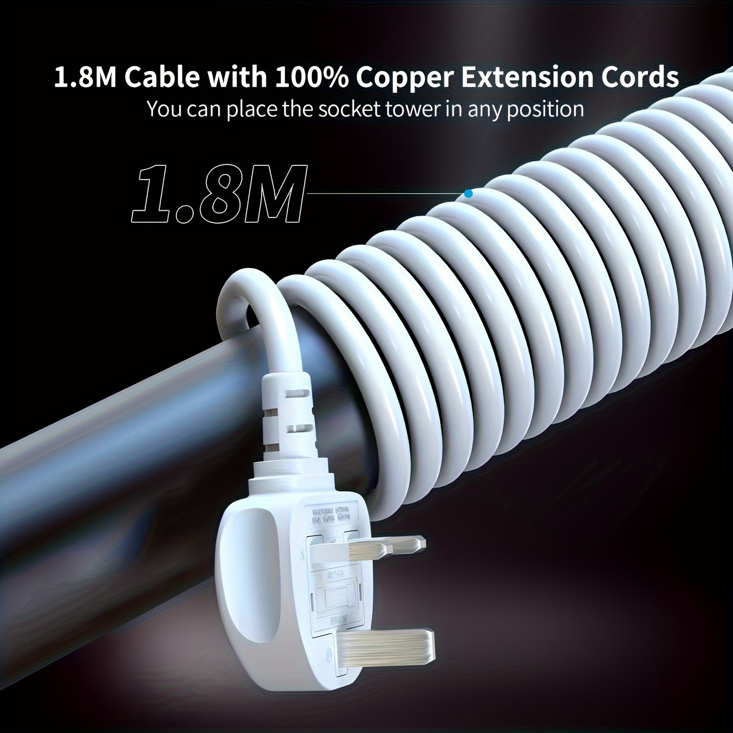 1pc Tower Extension Lead With USB Slots 1.8M And 18W USB C Fast Charger, (13A 3250W) 5 USB Ports And 12 Way Extension Tower, Surge Protection Extension Lead With Switch, Extension Cable For Home, Office - KHOY