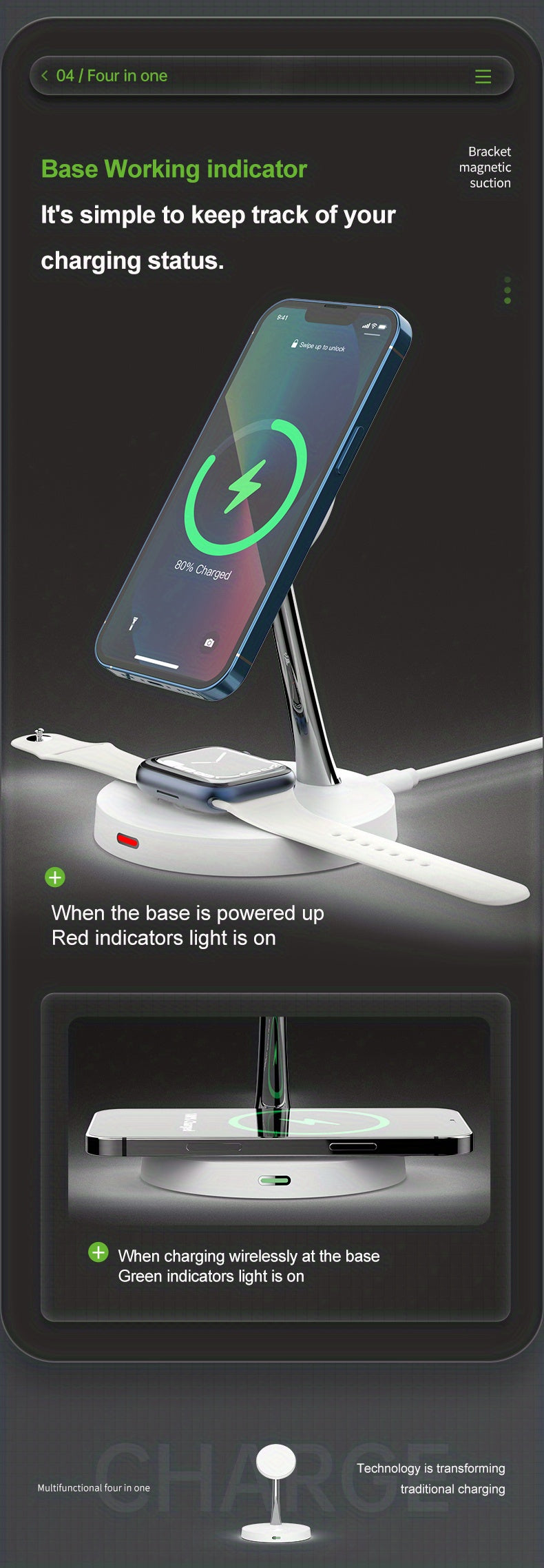 TIMESS-4 In 1 Magnetic Wireless Charger Station For IPhone15 14 13 Airpods 3/2/Pro, With Night Light For IWatch Series9/ 8/7/6/SE, Wireless Charging Station For Multiple Devices - KHOY