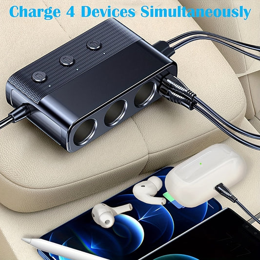 Plug Splitter, 7 In 1 Car Charger Adapter 3 Socket Power 12V/24V, Type-C And QC3.0, 2 USB Charging Ports (100.58cm Cable), Independent Switches, LED Voltage Display, DC Outlet - KHOY