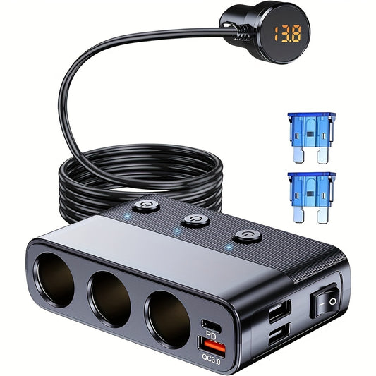 Plug Splitter, 7 In 1 Car Charger Adapter 3 Socket Power 12V/24V, Type-C And QC3.0, 2 USB Charging Ports (100.58cm Cable), Independent Switches, LED Voltage Display, DC Outlet - KHOY