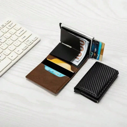 NYXIA PU Leather Men Smart Metal Thin Slim Pop Up Minimalist Wallet Small Black Purse Metal Wallet Men Card Cover Small Purse Purse Bag Wallets Identification Aluminum Men's Wallet Card Holder Wallet Business Card Holder Credit Card Holder For Men Mini Wa - KHOY