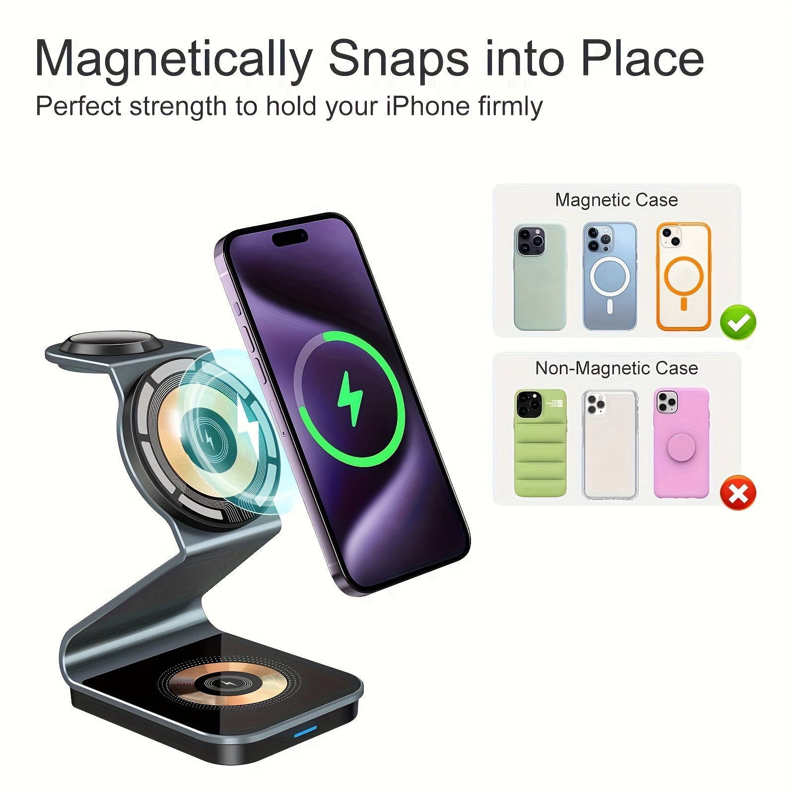 3 In 1 Magnetic Wireless Charger, 15W Fast Charging Station, Suitable For iPhone 15/14/13/12/Pro/Max/Mini/Plus, For iWatch Ultra/Ultra2/9/8/7/6/5/4/3/2/1/SE, For AirPods 3/2/Pro/Pro2 - KHOY