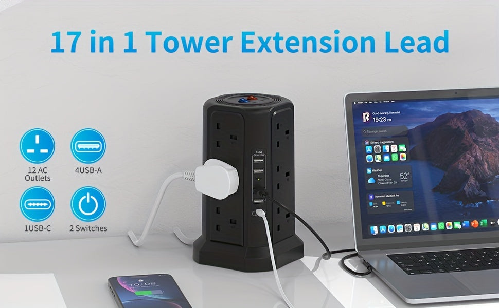 1pc Tower Extension Lead With USB Slots 1.8M And 18W USB C Fast Charger, (13A 3250W) 5 USB Ports And 12 Way Extension Tower, Surge Protection Extension Lead With Switch, Extension Cable For Home, Office - KHOY