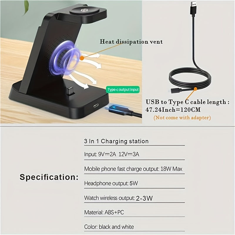 3-in-1 Wireless Charging Stand for Samsung S22/S21, Galaxy Watch Fast Charger Dock, 13.49x12.4x6.78 cm, Case-Friendly Station with LED Indicator - KHOY