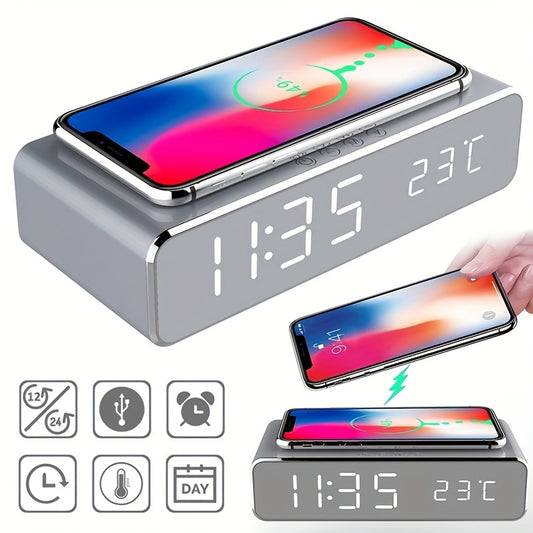 Wireless Charger Time Alarm Clock LED Digital Thermometer Earphone Phone Chargers Fast Charging Dock Station For IPhone 15, 14, 13, 12, Samsung - KHOY