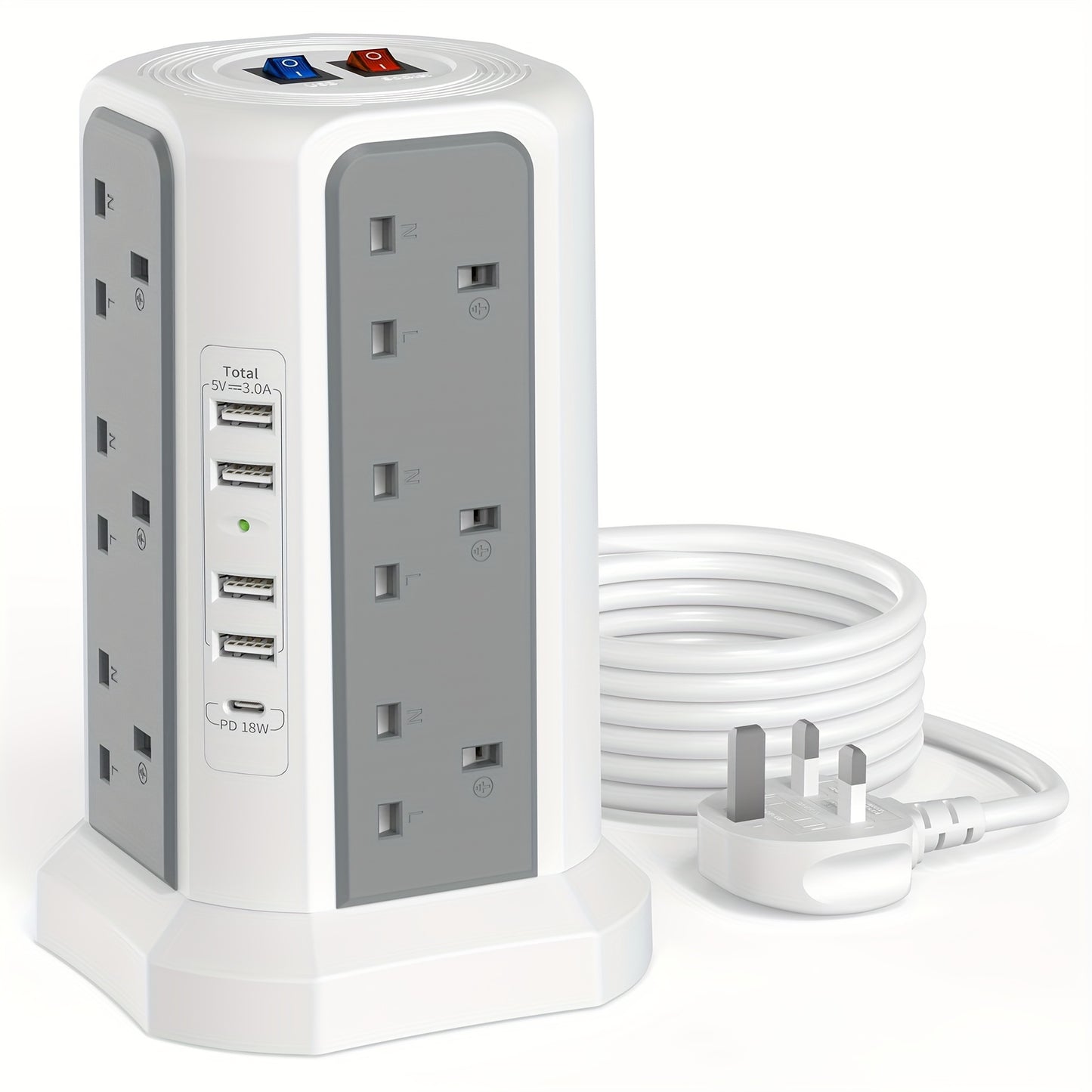 1pc Tower Extension Lead With USB Slots 1.8M And 18W USB C Fast Charger, (13A 3250W) 5 USB Ports And 12 Way Extension Tower, Surge Protection Extension Lead With Switch, Extension Cable For Home, Office - KHOY
