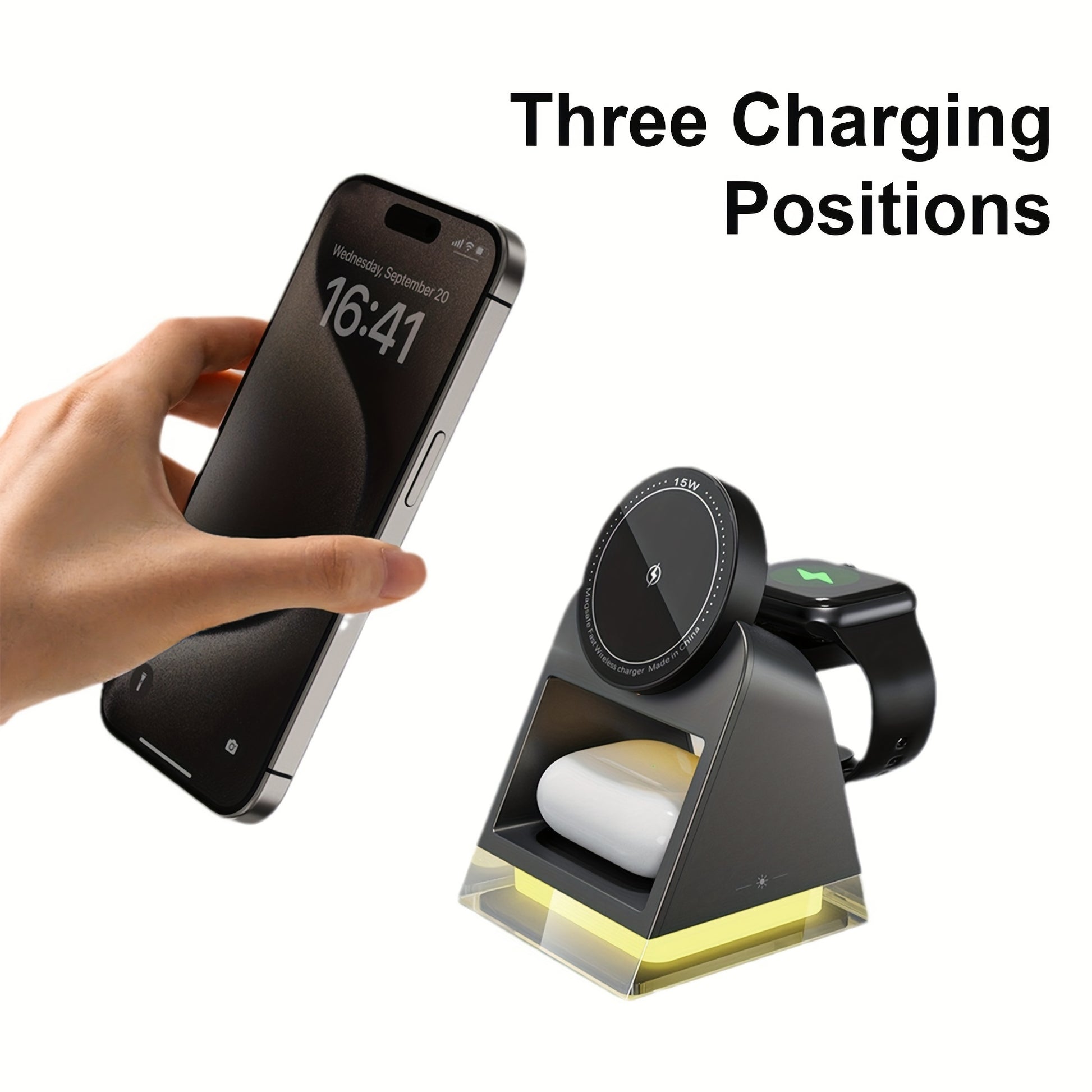 High-quality three-in-one magnetic wireless charger, 15W for mobile phone charging, 5W for smart watch, 5W for wireless headset charging, with LED touch night light - KHOY