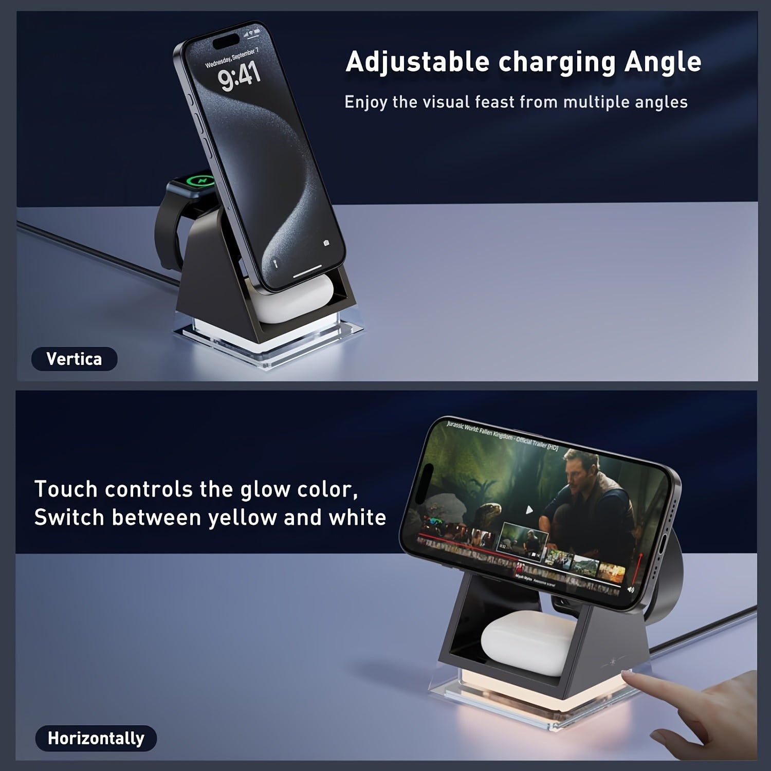 High-quality three-in-one magnetic wireless charger, 15W for mobile phone charging, 5W for smart watch, 5W for wireless headset charging, with LED touch night light - KHOY