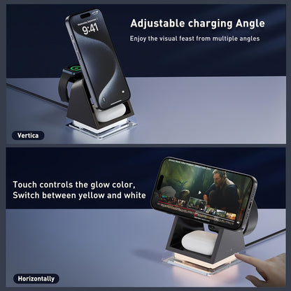 High-quality three-in-one magnetic wireless charger, 15W for mobile phone charging, 5W for smart watch, 5W for wireless headset charging, with LED touch night light - KHOY