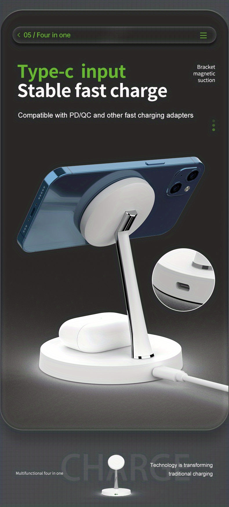 TIMESS-4 In 1 Magnetic Wireless Charger Station For IPhone15 14 13 Airpods 3/2/Pro, With Night Light For IWatch Series9/ 8/7/6/SE, Wireless Charging Station For Multiple Devices - KHOY