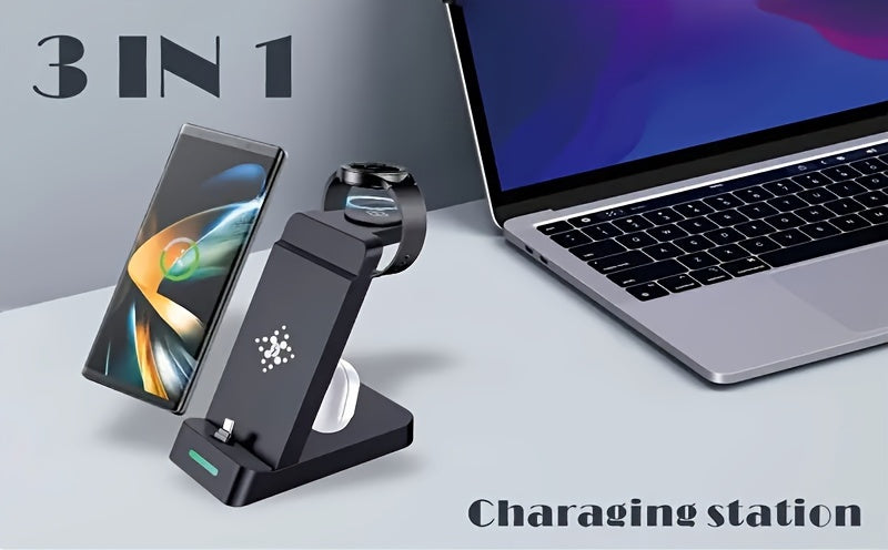 3-in-1 Wireless Charging Stand for Samsung S22/S21, Galaxy Watch Fast Charger Dock, 13.49x12.4x6.78 cm, Case-Friendly Station with LED Indicator - KHOY
