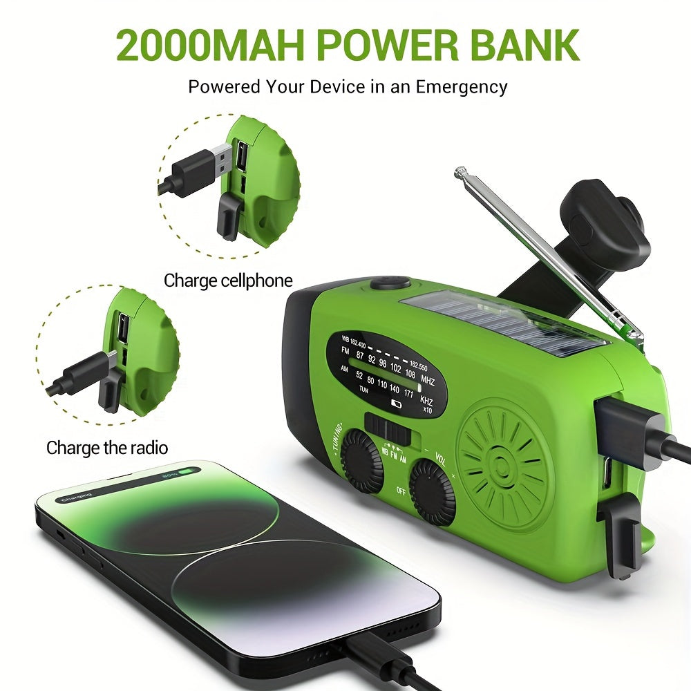Emergency Hand Crank Radio With 2000mAh Power Bank Phone Charger, AM/FM/NOAA Portable Weather Radio With 3 LED Flashlight, Solar Powered USB Rechargeable Radio For Indoor Outdoor Camping - KHOY