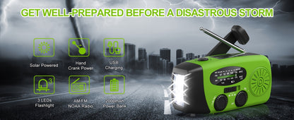 Emergency Hand Crank Radio With 2000mAh Power Bank Phone Charger, AM/FM/NOAA Portable Weather Radio With 3 LED Flashlight, Solar Powered USB Rechargeable Radio For Indoor Outdoor Camping - KHOY