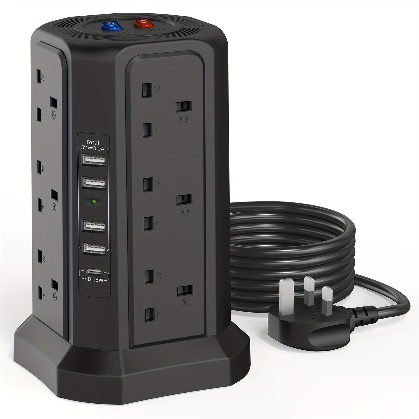 1pc Tower Extension Lead With USB Slots 1.8M And 18W USB C Fast Charger, (13A 3250W) 5 USB Ports And 12 Way Extension Tower, Surge Protection Extension Lead With Switch, Extension Cable For Home, Office - KHOY