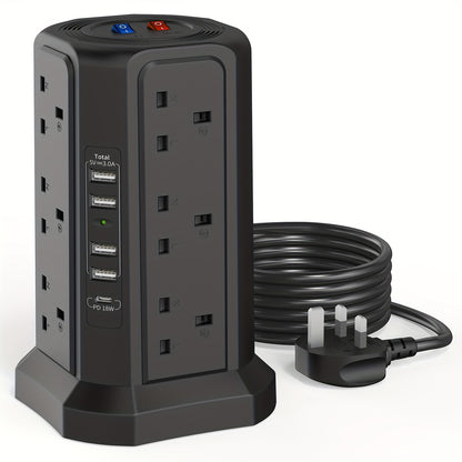 1pc Tower Extension Lead With USB Slots 1.8M And 18W USB C Fast Charger, (13A 3250W) 5 USB Ports And 12 Way Extension Tower, Surge Protection Extension Lead With Switch, Extension Cable For Home, Office - KHOY