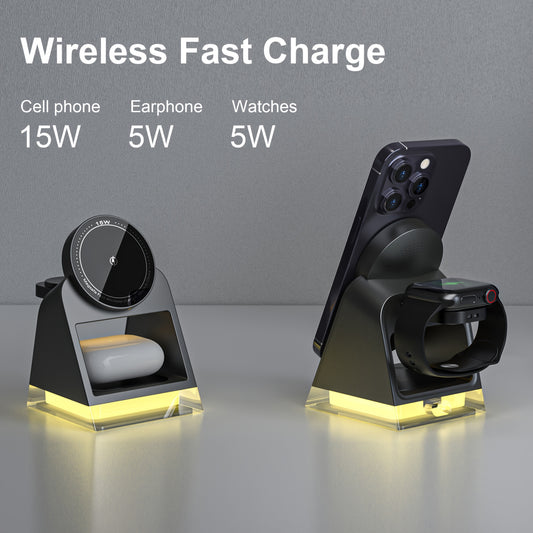 High-quality three-in-one magnetic wireless charger, 15W for mobile phone charging, 5W for smart watch, 5W for wireless headset charging, with LED touch night light - KHOY