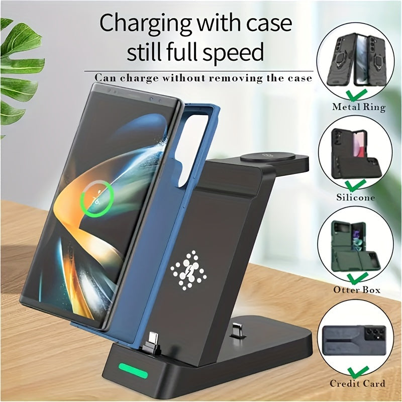 3-in-1 Wireless Charging Stand for Samsung S22/S21, Galaxy Watch Fast Charger Dock, 13.49x12.4x6.78 cm, Case-Friendly Station with LED Indicator - KHOY