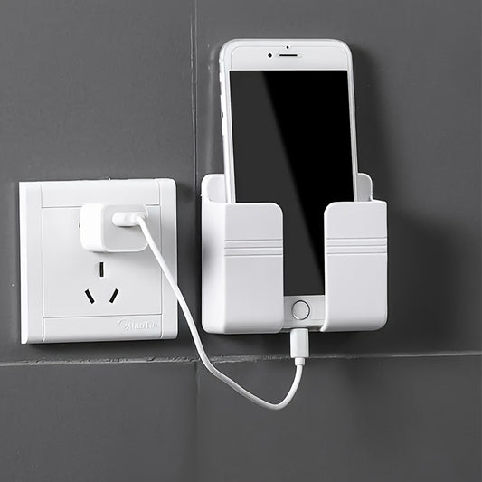 Multifunctional Wall-Mounted Mobile Charger Holder with 1pc Shower Storage for Phones, Remote Control Organizer, No-Electricity Needed, Durable Plastic Material, Space-Saving Design - KHOY