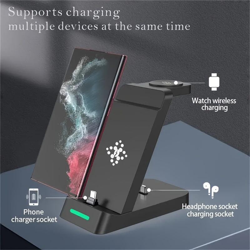 3-in-1 Wireless Charging Stand for Samsung S22/S21, Galaxy Watch Fast Charger Dock, 13.49x12.4x6.78 cm, Case-Friendly Station with LED Indicator - KHOY