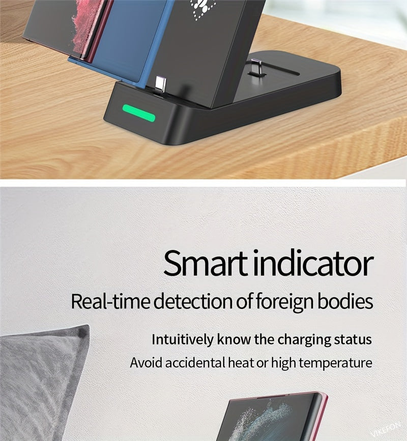 3-in-1 Wireless Charging Stand for Samsung S22/S21, Galaxy Watch Fast Charger Dock, 13.49x12.4x6.78 cm, Case-Friendly Station with LED Indicator - KHOY