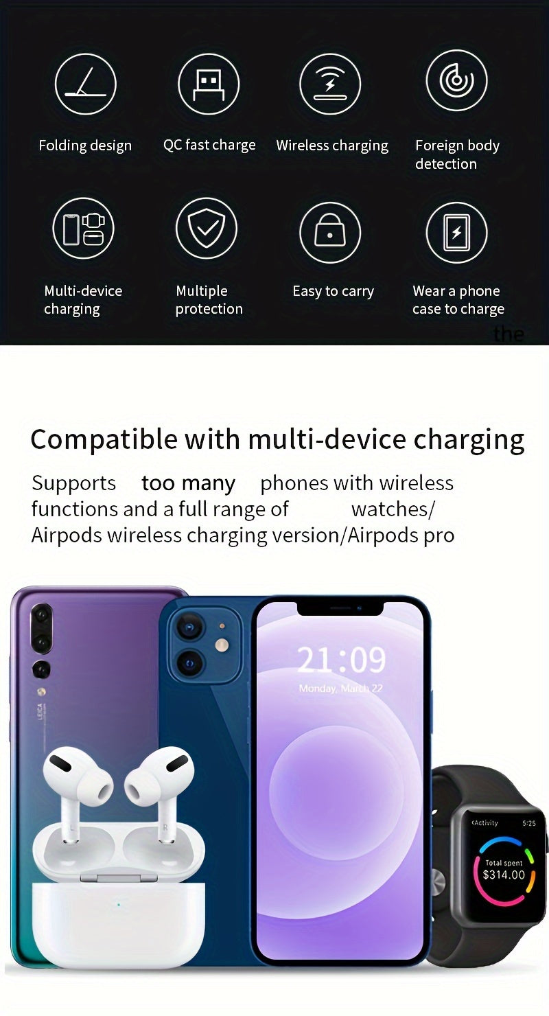 3 In 1 Fast Charging Station, Folding Wireless Charger Stand For IPhone 14, 13, 12, 11/Pro/Max/Mini/Plus, X, XR, XS/Max, SE, 8/Plus, For IWatch 1-8, For Airpods 3/2/Pro - KHOY