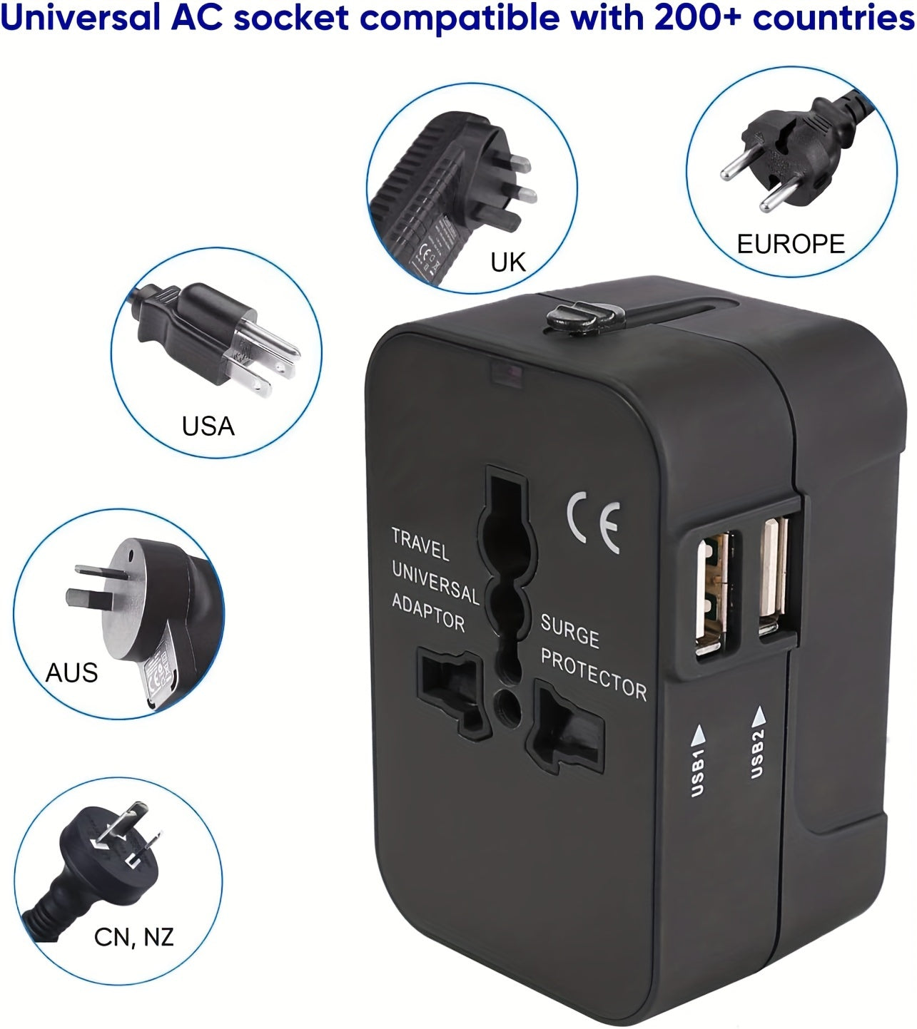 1pc Travel Charger with Dual USB Charging Ports, 2 USB Charger, World All In One Universal Travel Charger, Wall Charger AC Power Plug Adapter, USA EU UK AUS Converter Adapter, USB Charger, Travel Adapter - KHOY