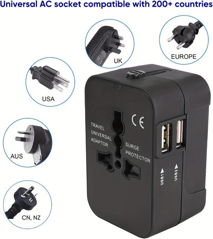 1pc Travel Charger with Dual USB Charging Ports, 2 USB Charger, World All In One Universal Travel Charger, Wall Charger AC Power Plug Adapter, USA EU UK AUS Converter Adapter, USB Charger, Travel Adapter - KHOY