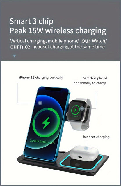 3 In 1 Fast Charging Station, Folding Wireless Charger Stand For IPhone 14, 13, 12, 11/Pro/Max/Mini/Plus, X, XR, XS/Max, SE, 8/Plus, For IWatch 1-8, For Airpods 3/2/Pro - KHOY