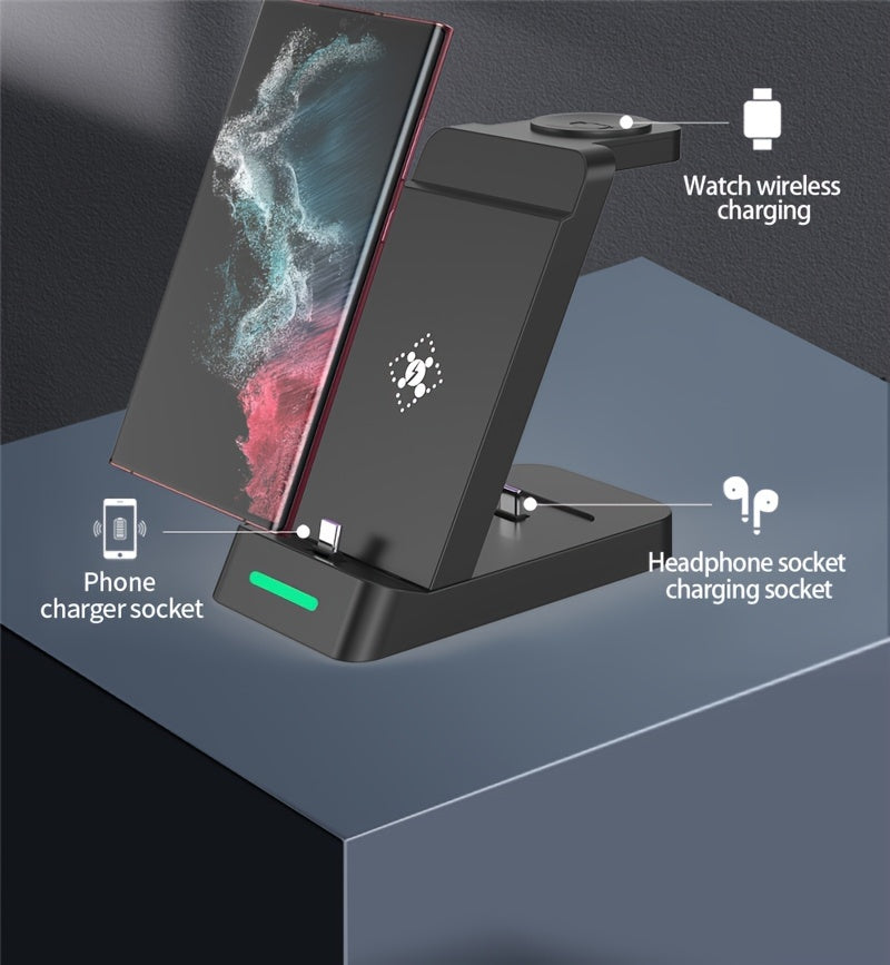 3-in-1 Wireless Charging Stand for Samsung S22/S21, Galaxy Watch Fast Charger Dock, 13.49x12.4x6.78 cm, Case-Friendly Station with LED Indicator - KHOY
