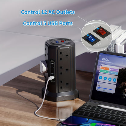 1pc Tower Extension Lead With USB Slots 1.8M And 18W USB C Fast Charger, (13A 3250W) 5 USB Ports And 12 Way Extension Tower, Surge Protection Extension Lead With Switch, Extension Cable For Home, Office - KHOY