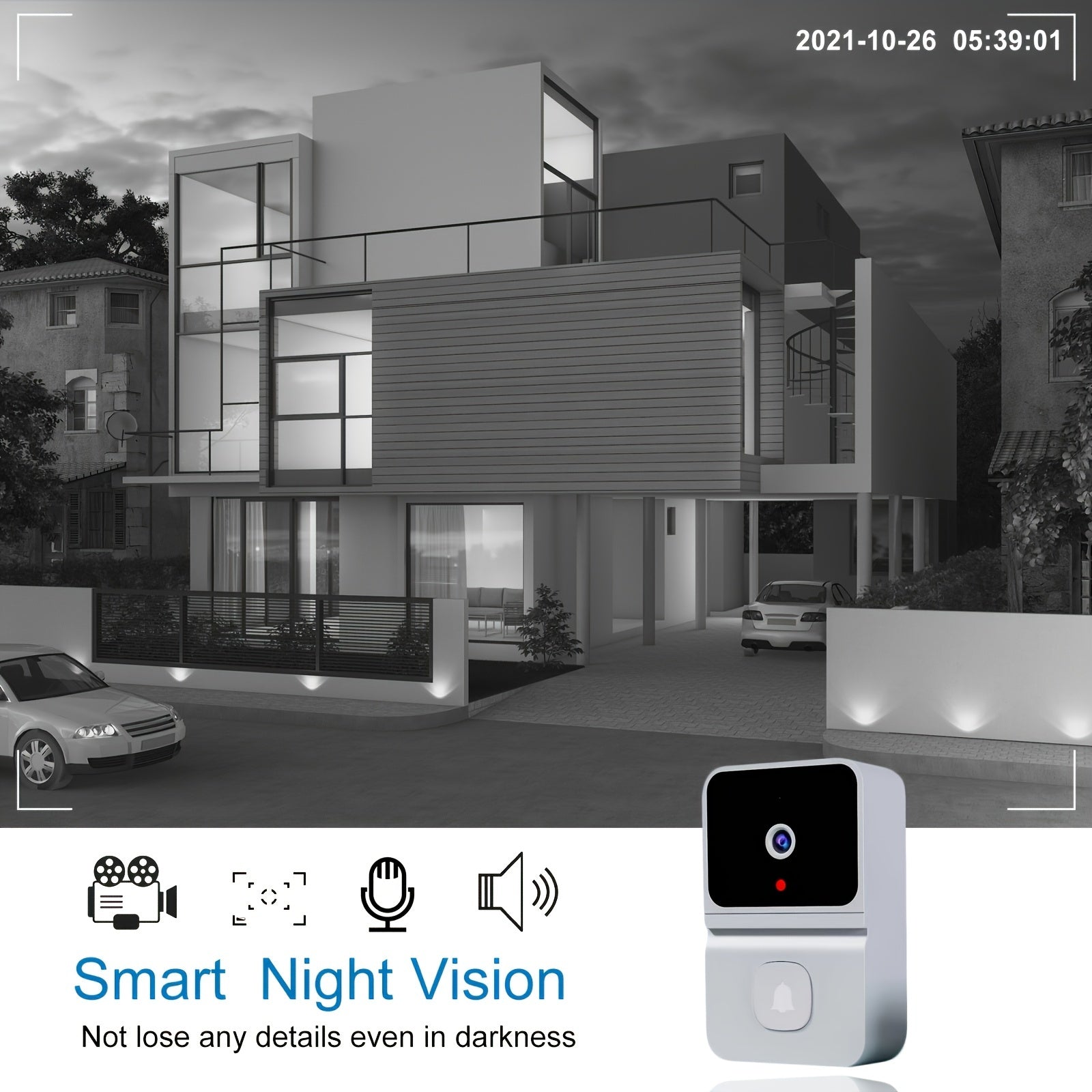 1pc Smart WiFi Doorbell Camera with Built-in Battery, Wireless Security Camera with 2-Way Audio, Night Vision, USB Rechargeable, App Control, 2.4G WiFi, Compact Design for Home Security & Front Door Monitoring, Wireless Doorb - KHOY
