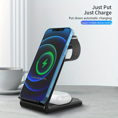 TIMESS-Charger Station For IPhone Multiple Devices, 3 In 1 Fast Wireless Charger Stand Dock Stand For IPhone 15 14 13 12 11 Pro X XS 8 Plus, For IWatch Series 9 8 7 6 SE 5 4 3 2 & For AirPods 3/2/Pro - KHOY