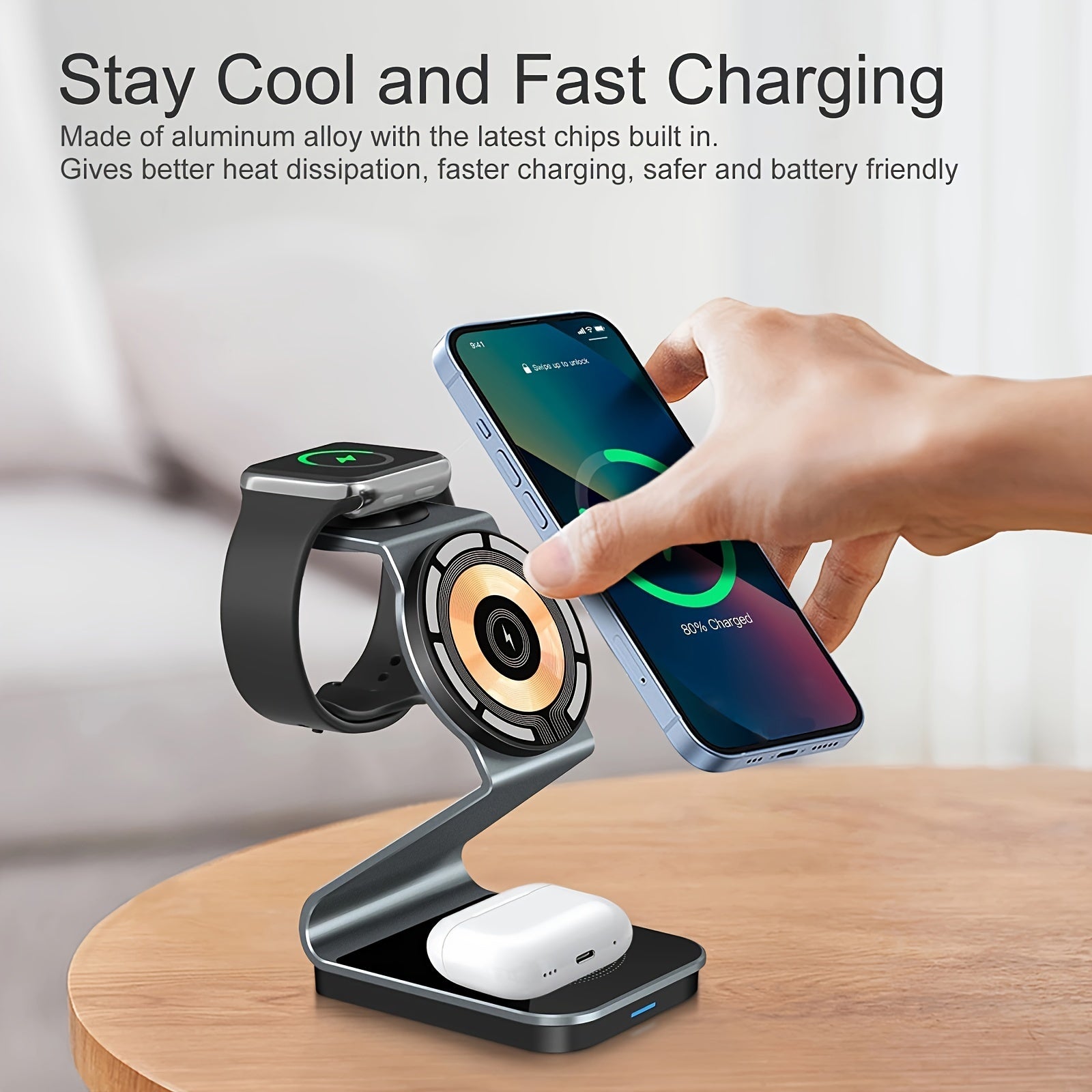 3 In 1 Magnetic Wireless Charger, 15W Fast Charging Station, Suitable For iPhone 15/14/13/12/Pro/Max/Mini/Plus, For iWatch Ultra/Ultra2/9/8/7/6/5/4/3/2/1/SE, For AirPods 3/2/Pro/Pro2 - KHOY